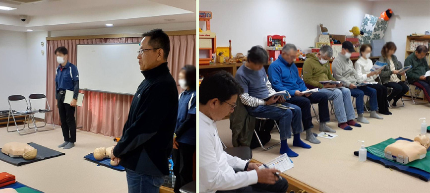 普通救命講習会（写真　左:インストラクター・理事長のご挨拶、右:講義を聞く参加者）