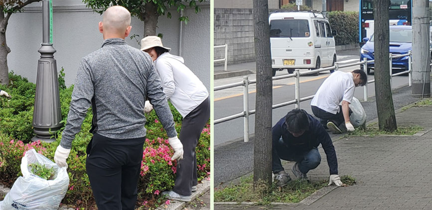 写真：敷地内・バス通りの草取り風景